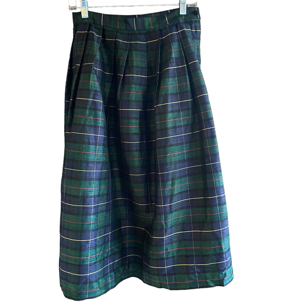TALBOTS  Petites 10P Silk Skirt Plaid Tartan Green Blue Black Velvet Buttons